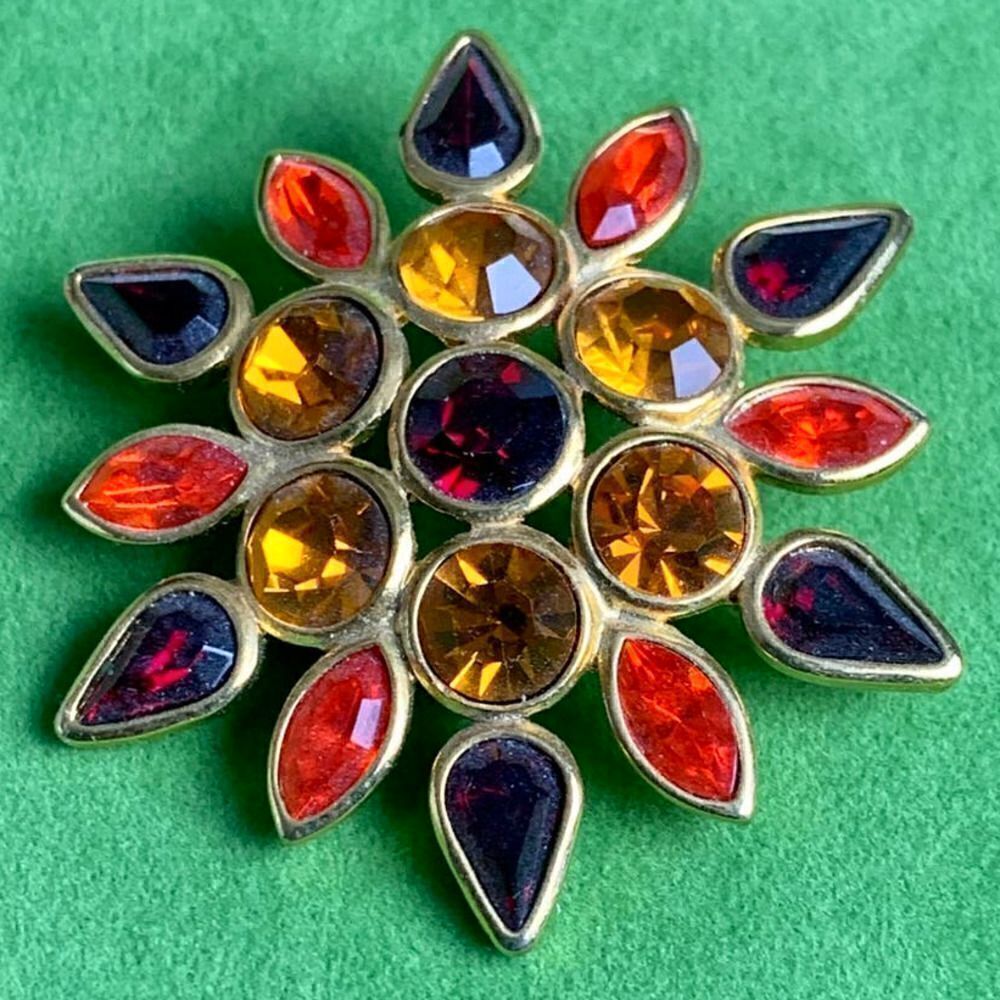 Vintage Multicolor Gold Brooch in Autumn Colors, Unmarked